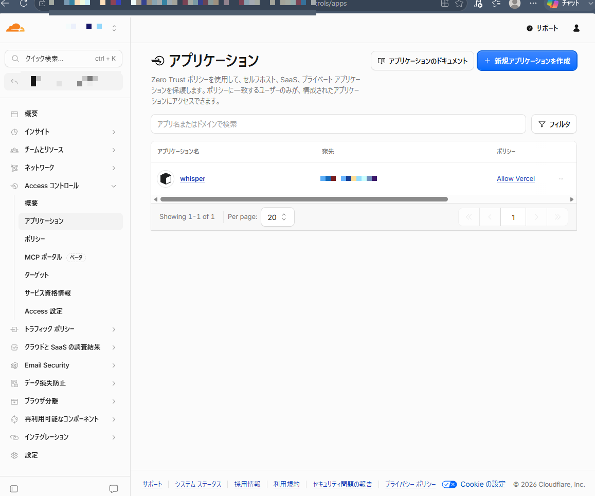 Cloudflare Accessのアプリケーション一覧画面。ダッシュボードURL・アカウント情報・実ドメインはモザイク加工済み